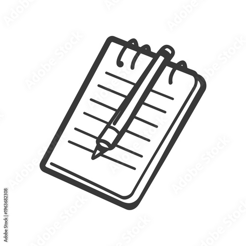 A simple drawing depicts a notebook with an attached pencil