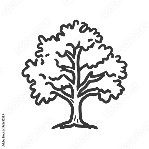 A black and white illustration of a stylized tree design