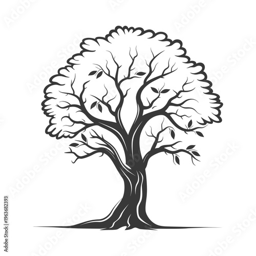 A black and white illustration of a stylized tree