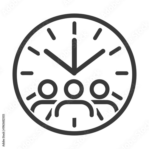 A clock graphic with three figures suggesting time and teamwork