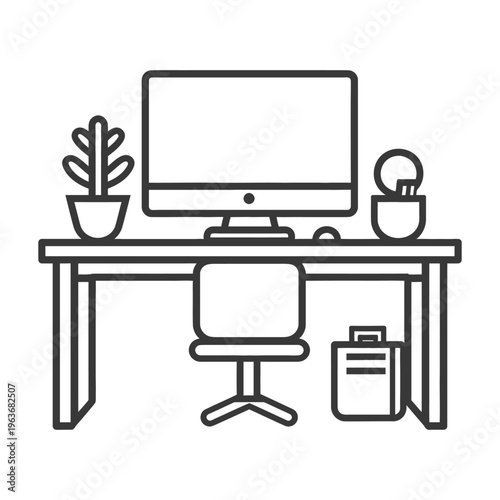 A simplistic desk workspace featuring a computer and chair