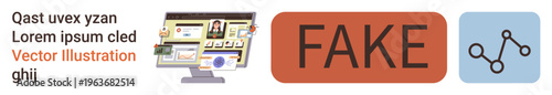 Media integrity, fake news warnings, misinformation, online security, digital awareness, verification systems. Screen showing media content, fake label and graph symbol. Fake news and digital media
