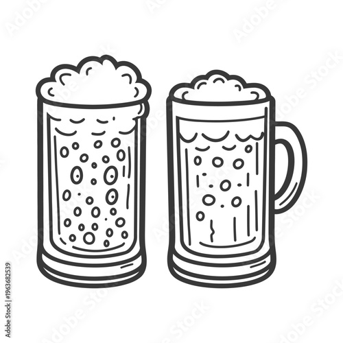 Two filled beer mugs with abundant foamy head are depicted