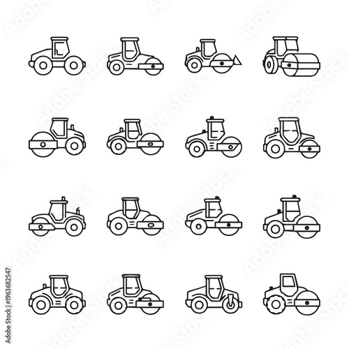 Steamroller Icons Set: Different Views of Road Compactor Vehicles for Construction and Engineering