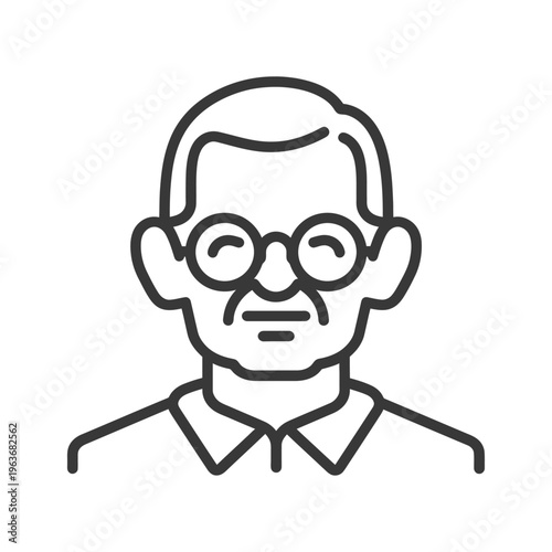 A simple outline portrait of a man with round glasses