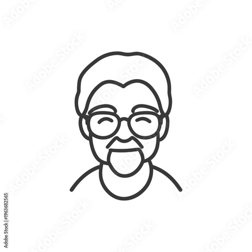 A line art depiction of an elderly person with glasses
