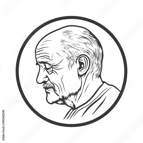 A detailed black and white drawing depicting an elderly man profile