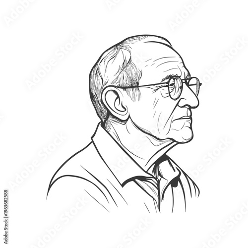 A sketched portrait shows a man wearing glasses in profile