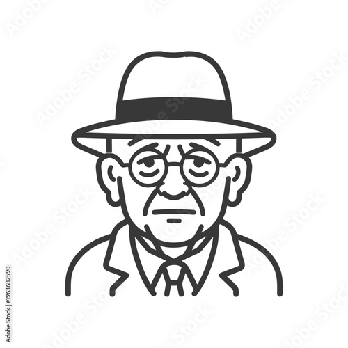 An elderly man wearing glasses and a fedora hat
