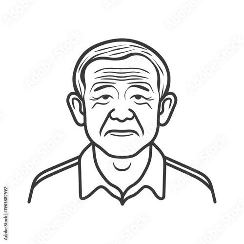 A line art portrait depicting the head and shoulders of an older man