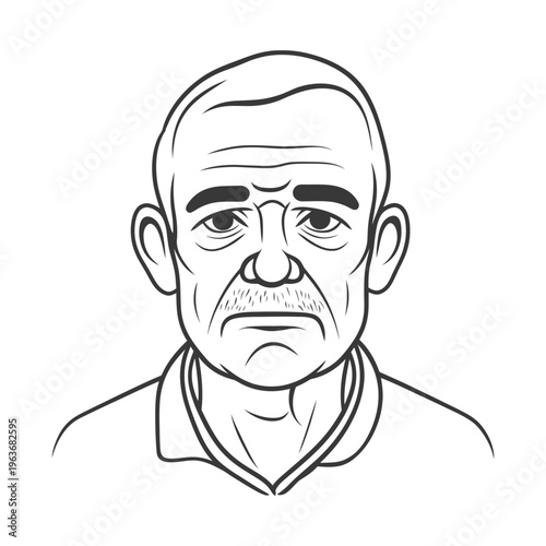 A detailed line drawing depicting an elderly man looking forward