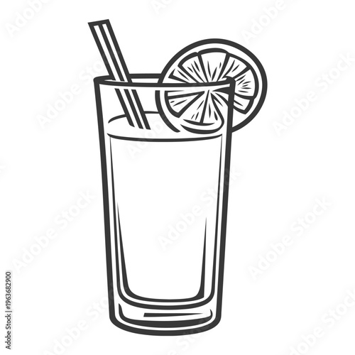 A tall glass of beverage with a citrus fruit garnish and straw