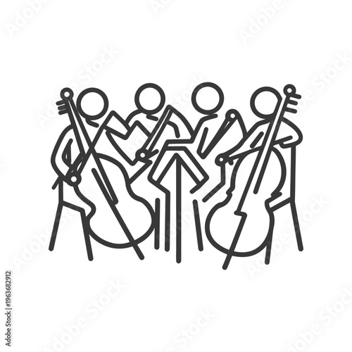 Four musicians are playing stringed instruments in an ensemble