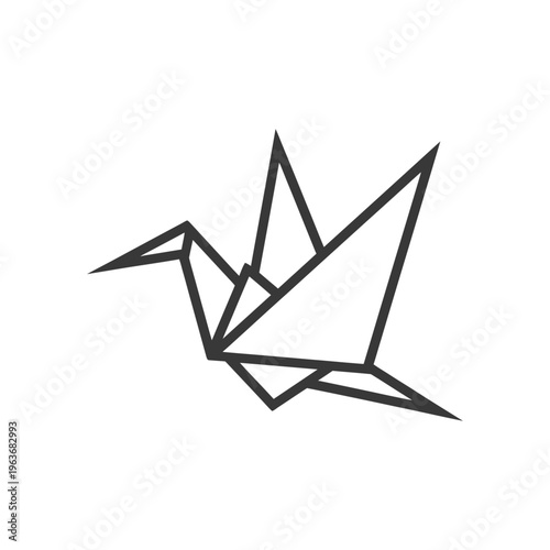 A minimalist illustration depicts a stylized origami crane flying gracefully