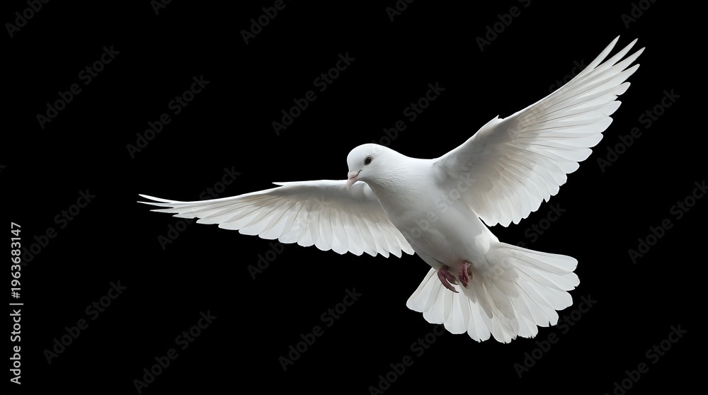 Obraz premium White dove flying with outstretched wings against black background symbolizing peace, freedom and spirituality for religious and conceptual designs.