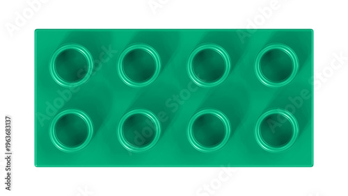 Top View of Glossy Mint Green Plastic Construction Brick with Eight Studs Isolated on White Background. Minimal Toy Building Block Concept for Creativity, Education and Modular Design. 3D Illustration