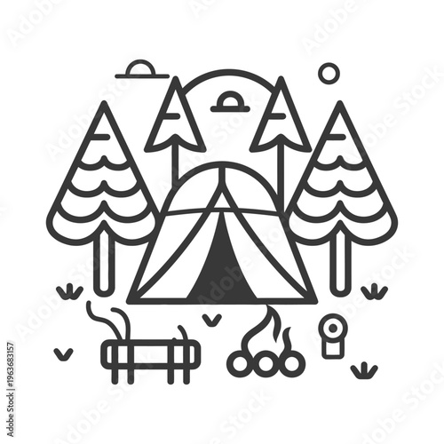 Camping scene featuring tent trees campfire and other outdoor elements