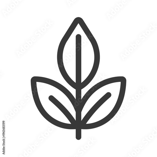 A simple black and white illustration of green leaves on a stem