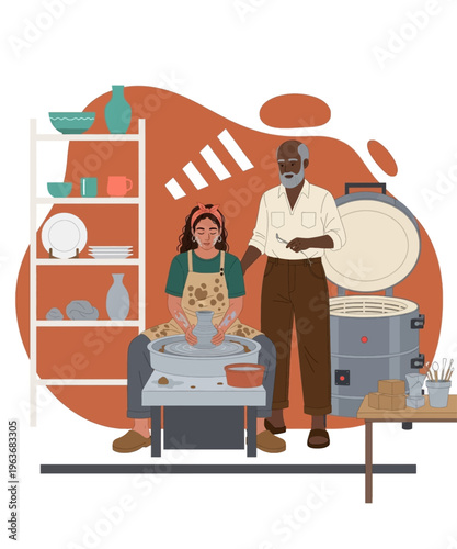 Artistic woman crafting pottery on a spinning wheel, receiving expert guidance from an older male mentor.