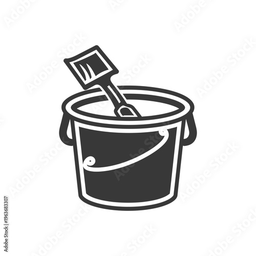 A bucket and shovel are shown in this simple black and white illustration
