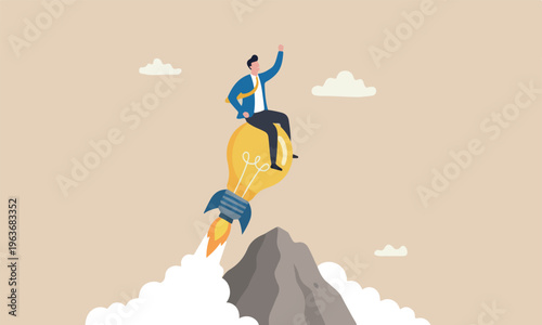 Creative achieve boulder uphill mountain peak success goal concept, happy smart businessman leader riding flying bright lightbulb lamp with rocket booster the cloud sky