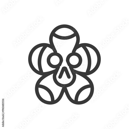 A symmetrical graphic depicts a stylized floral five petal symbol