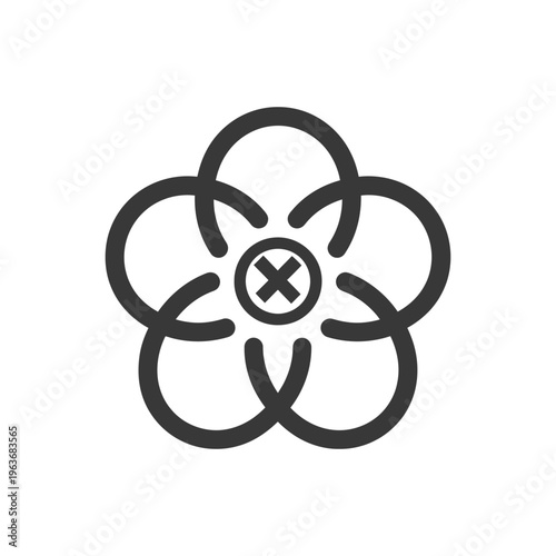 A stylized dark flower graphic with an enclosed crossed x mark