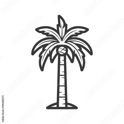 A simple black and white illustration depicting a tall palm tree
