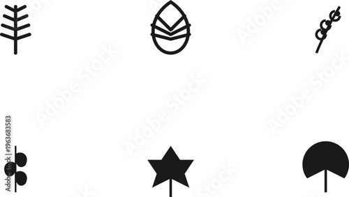 Hand-drawn Minimalist black and white vector icons of leaf shapes and botanical elements on white. authentic illustration