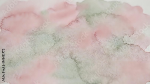 Soft watercolor texture with pink and green pastel washes blending organically across paper surface creating gentle artistic background for creative projects.