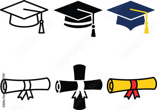 Graduation hat with diploma icon set. Student hat with academic degree certificate vector illustration. College, school and university graduation ceremony concept.