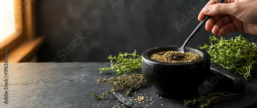 Obraz  z motywem Hand sprinkling herbs and spices into dark bowl on slate surface with fresh greenery for culinary seasoning and cooking preparation.