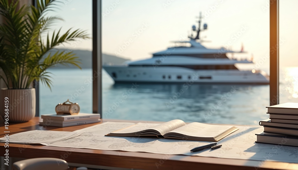 Fototapeta premium Office desk with charts and books overlooks a luxury yacht. Nautical planning for a sea voyage or charter service. Maritime business on calm ocean.