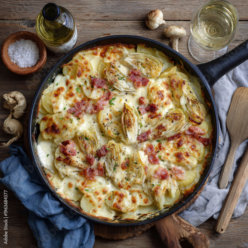 Creamy endive and potato tartiflette with melted cheese rich comforting baked dish