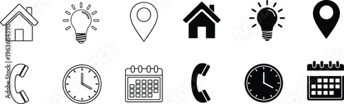 Collection of various black and white icons for navigation communication and time management