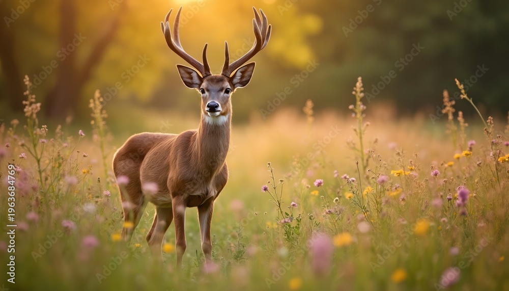 Obraz premium Majestic buck deer stands in sunlit wildflower meadow at dusk. Antlered stag poses in grassy field with bokeh background. Wild creature in natural habitat, tranquil summer scene.