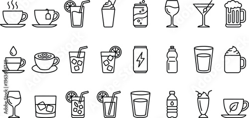 Beverage Drink Coffee Tea Cocktail and Juice Line Icon Set Collection