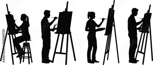 Web"Silhouetted artists painting at easels with brushes, creative figures in black and white illustration highlighting artistic creation, studio work, and fine art expression"