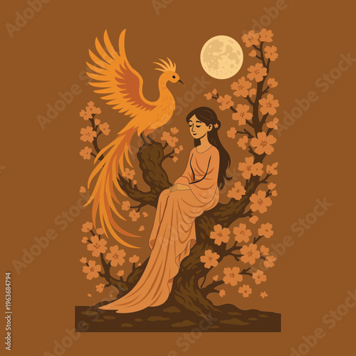 A digital illustration features a stylized woman seated on a blossoming branch alongside a mythical bird.