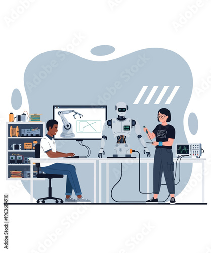 Two dedicated engineers, a man and woman, collaboratively develop, program, and test an advanced humanoid robot prototype.