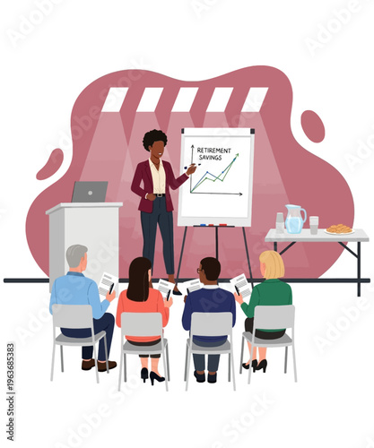 An enthusiastic African American female financial advisor presents retirement savings growth on a whiteboard to a diverse audience.