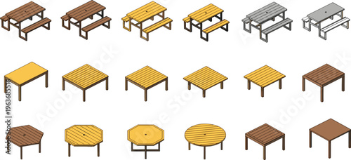 Web"Isometric illustrations of picnic benches, rectangular tables, and round tables in wood and metal materials showcasing outdoor furniture, seating design, and architectural visualization concepts"