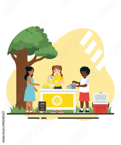 Cheerful children operate a vibrant outdoor lemonade stand serving refreshing drinks on a sunny day