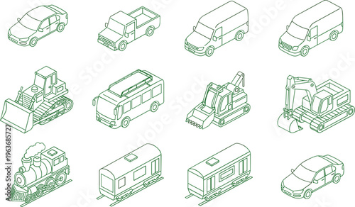 Web"Green line-art isometric illustrations of diverse vehicles including cars, trucks, buses, excavators, and trains arranged in grid pattern for transport, construction, and design concepts"