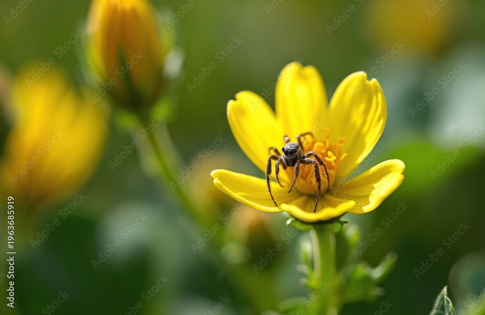 Naklejka premium Small jumping spider rests on bright yellow flower. Fuzzy insect sits on green plant stem in summer garden. Tiny arachnid camouflaged on petals, natural wildlife macro detail.