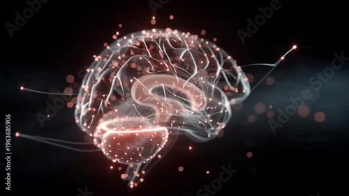 A glowing translucent human brain made of neural network connections and floating data particles.