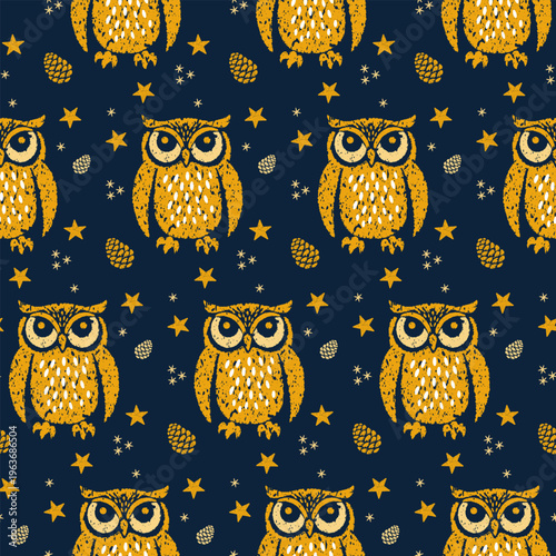 Textured seamless pattern featuring yellow owls, stars, and pine cones on dark blue background in block print graphic style.