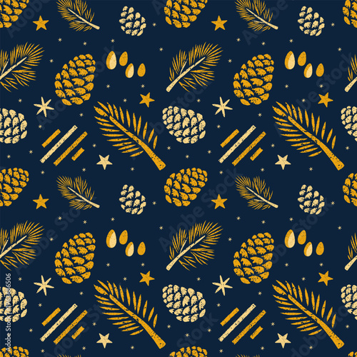 Botanical seamless pattern with pine cones, needles, and seeds on dark blue background in textured block print style.