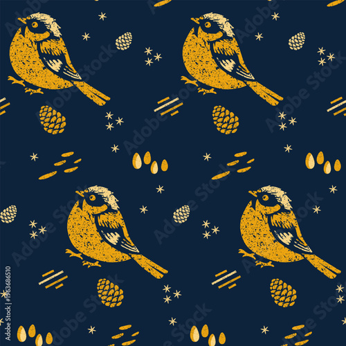 Textured repeating pattern featuring yellow titmouse birds, pine cones, and seeds on navy blue background in block print style.