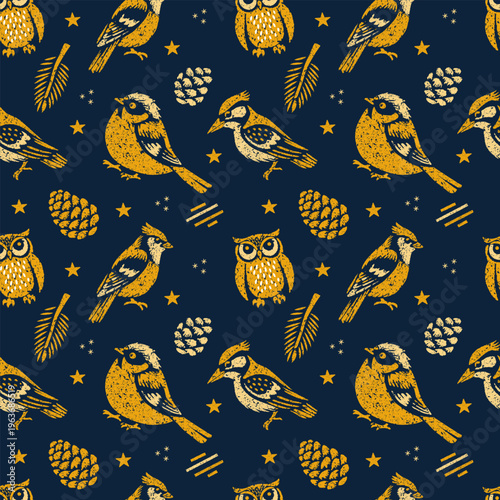 Textured seamless pattern with owls, woodpeckers, tits, and pine elements on dark blue in block print graphic style.